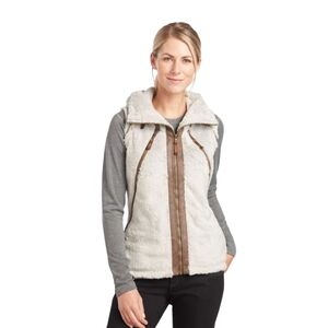 KUHL FLIGHT VEST Stone With Brown Trim, Sz Small, Soft Polyester Italian Fleece